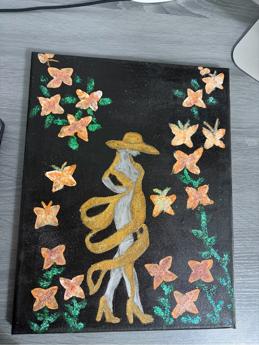Gold Figurative Canvas Painting with Peach Flowers